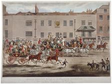 Mail coaches in front of the Peacock Inn on Islington High Street, London, 1823. Artist: Thomas Sutherland