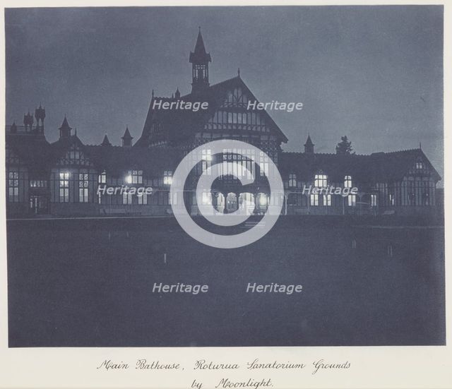 Main bathouse (sic), Rotorua Sanatorium grounds by moonlight, 1920s. Creator: Harry Moult.