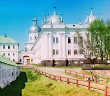 Main building of the St. Nilus Stolobensky Monastery, Lake Seliger, 1910. Creator: Sergey Mikhaylovich Prokudin-Gorsky