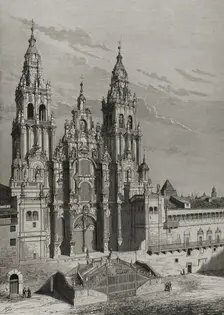 Main facade or Obradoiro, Cathedral of Santiago de Compostela, Galicia, Spain, 1878. Creators: Manuel Nao, Bernardo Rico