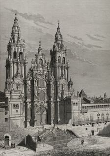Main facade or Obradoiro, Cathedral of Santiago de Compostela, Galicia, Spain, 1878. Creators: Manuel Nao, Bernardo Rico