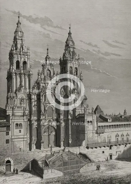 Main facade or Obradoiro, Cathedral of Santiago de Compostela, Galicia, Spain, 1878.  Creators: Manuel Nao, Bernardo Rico.