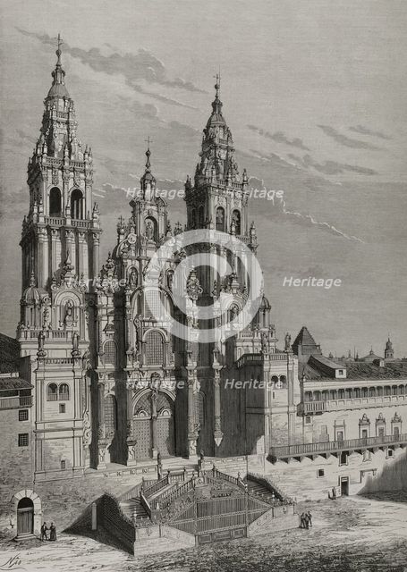 Main facade or Obradoiro, Cathedral of Santiago de Compostela, Galicia, Spain, 1878.  Creators: Manuel Nao, Bernardo Rico.