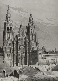 Main facade or Obradoiro, Cathedral of Santiago de Compostela, Galicia, Spain, 1878. Creators: Manuel Nao, Bernardo Rico
