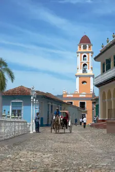 Main Square and bell tower of St Francis church in the UNESCO city of Trinidad, Cuba, 2024. Creator: Ethel Davies