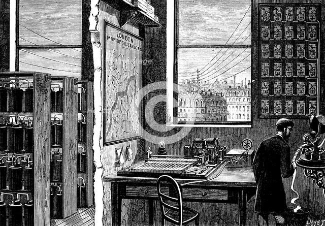 Main station of the Exchange Telegraph Company, London, 1882. Artist: Unknown