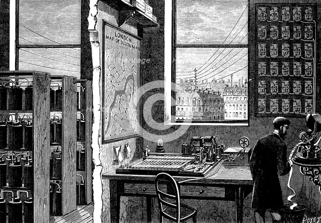 Main station of the Exchange Telegraph Company, London, 1882. Creator: Unknown.