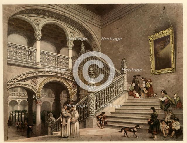 Main Staircase of Santa Cruz Hospital in Toledo, with scenes of life and traditional costumes of …