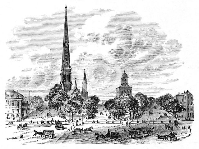 'Main Street, Buffalo, opposite the Churches', 1883. Artist: Unknown.