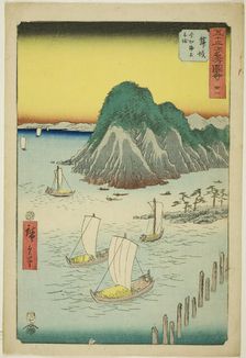 Maisaka: Ferryboats Crossing the Sea at Imagiri (Maisaka, Imagiri kaijo funewatashi), no. ..., 1855. Creator: Ando Hiroshige