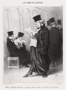 Maitre Chapotard lisant dans un journal judiciaire l'éloge de lui même par lui même, 1846. Creator: Honore Daumier