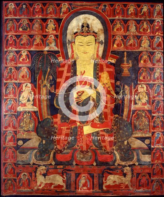 Maitreya with the thirty-five Buddhas of forgiveness of sins and the master of the..., 15th cent. Creator: Tibetan Culture.