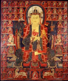 Maitreya with the thirty-five Buddhas of forgiveness of sins and the master of the..., 15th cent. Creator: Tibetan Culture