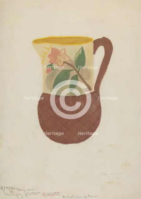 Majolica Pitcher, 1940. Creator: Vina Dishon.