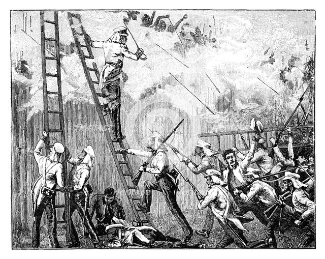 'Major Fraser's storming party carrying the stockade in front of Rangoon', 19th century. Artist: Unknown