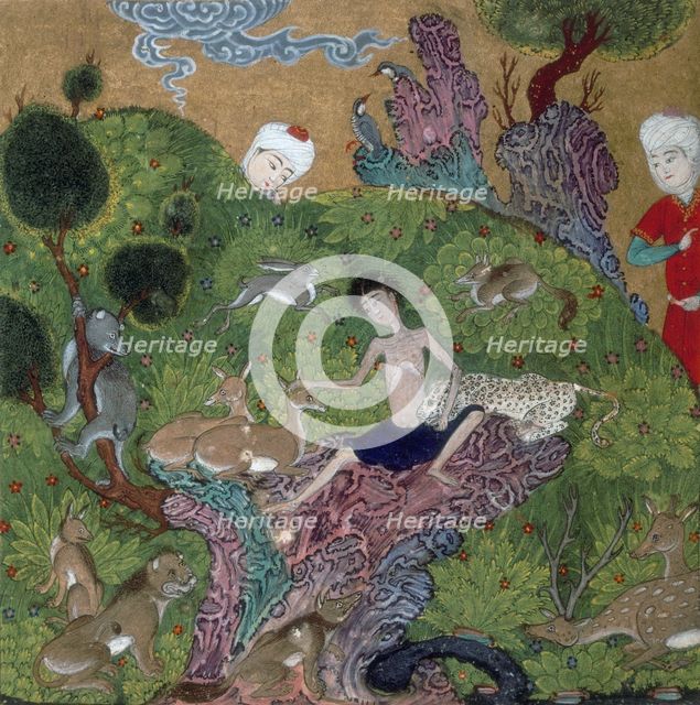 Majnun in the desert among the wild beasts, 1500. Creator: Unknown.