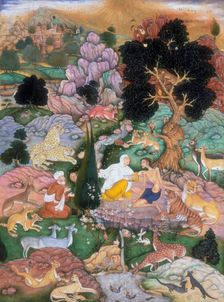 Majnun visited in the desert by his mother and Salim, 1595. Creator: Sanwlah