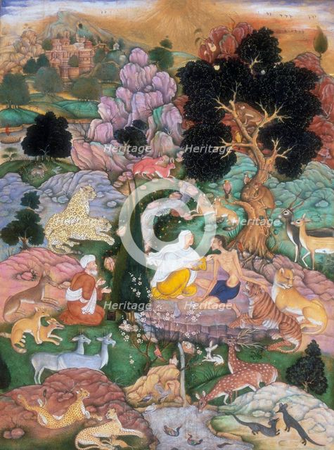 Majnun visited in the desert by his mother and Salim, 1595. Creator: Sanwlah.