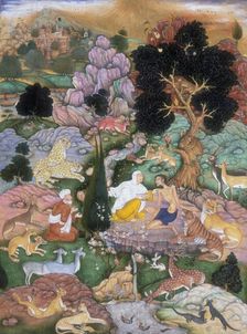 Majnun visited in the desert by his mother and Salim, 1595. Creator: Sanwlah