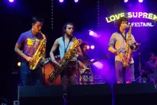Mak Murtic, R Muscat and S Silas, Love Supreme Jazz Festival, Glynde Place, East Sussex, 2015. Artist: Brian O'Connor