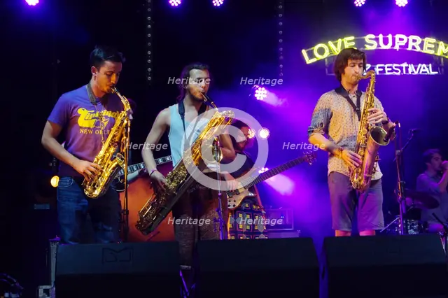 Mak Murtic, R Muscat and S Silas, Love Supreme Jazz Festival, Glynde Place, East Sussex, 2015. Artist: Brian O'Connor.