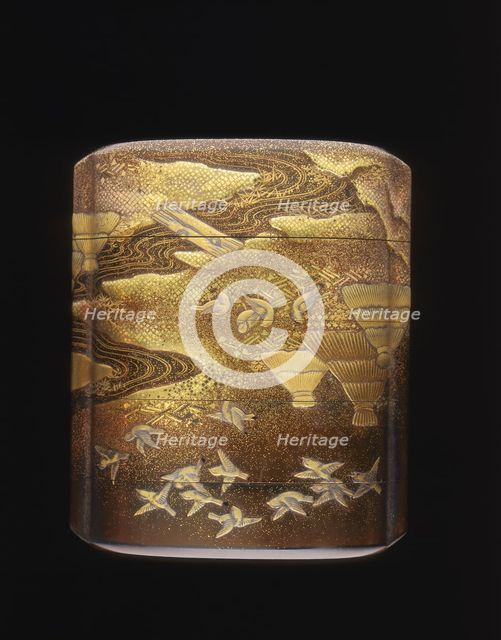 Maki-e lacquer inro with rice stacks and birds, late Edo period, Japan, late 18th century. Creator: Unknown.