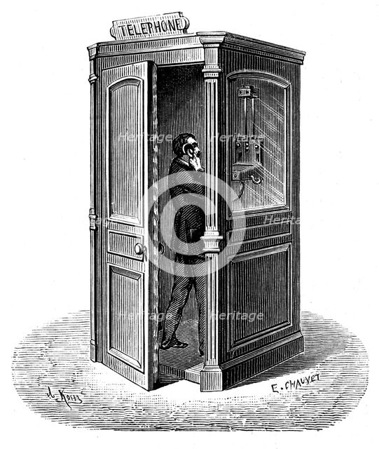 Making a call from a telephone call box, 1888. Artist: Unknown