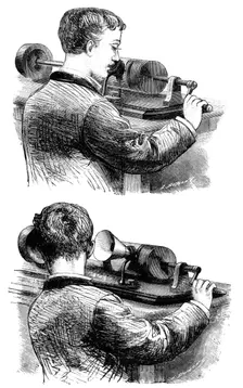 Making a recording with, and listening to, first Edison Phonograph, 1878. Creator: Unknown