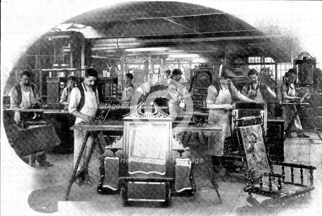 Making aids to beauty: mirror and furniture fitters and polishers, 1909. Creator: Unknown.