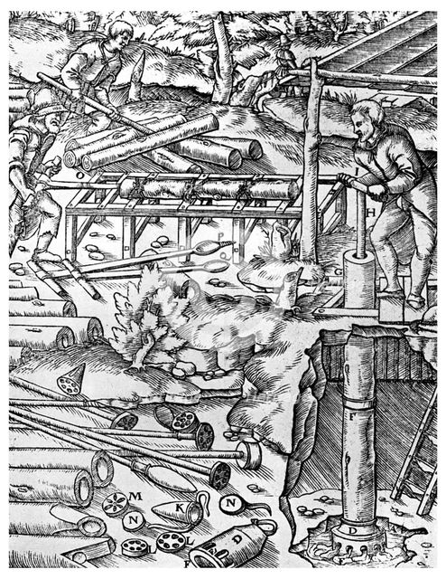 Making and using elm tree pumps to drain mines before the days of the steam engine, 1556 (1956). Artist: Unknown