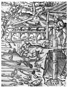 Making and using elm tree pumps to drain mines before the days of the steam engine, 1556 (1956)