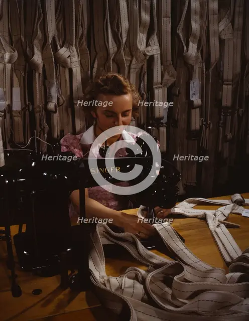 Making harnesses, Mary Saverick stitching, Pioneer Parachute Company Mills, Manchester, Conn., 1942. Creator: William Rittase.