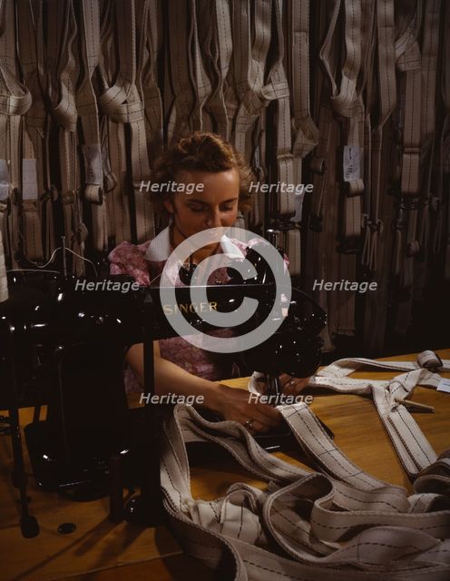 Making harnesses, Mary Saverick stitching, Pioneer Parachute Company Mills, Manchester, Conn., 1942. Creator: William Rittase.