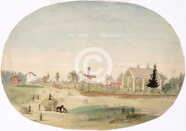 Making hay in front of the farmhouse, 1850-1855. Creator: Karl Anders Ekman.