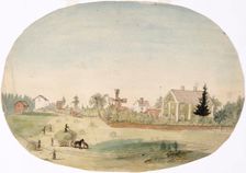 Making hay in front of the farmhouse, 1850-1855. Creator: Karl Anders Ekman