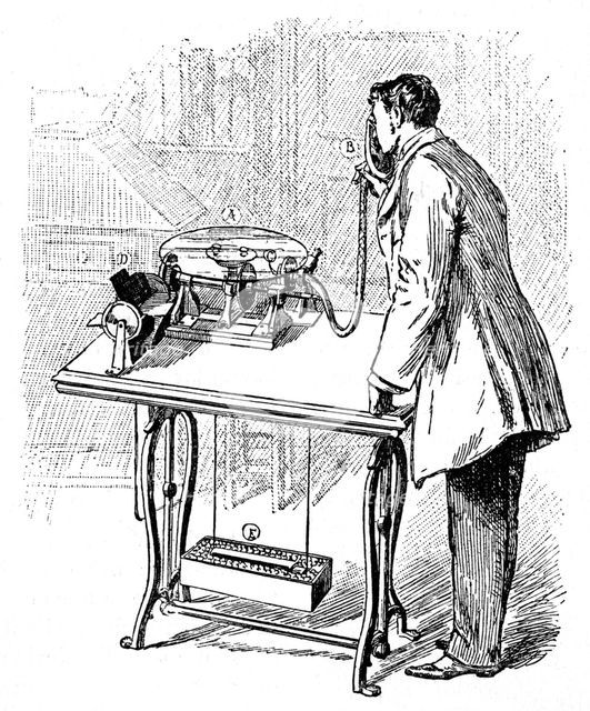 Making recordings on Emile Berliner's Gramophone, c1887.  Creator: Unknown.