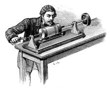 Making recording on first model of Thomas Edison's Phonograph, c1878. Creator: Unknown