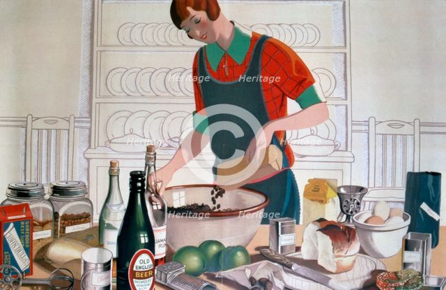 Making the Empire Christmas Pudding, c. 1920'S  (colour lithograph) Creator: FC Harrison.