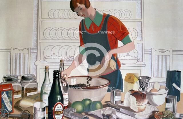 Making the Empire Christmas Pudding, c. 1920'S  (colour lithograph) Artist: FC Harrison.
