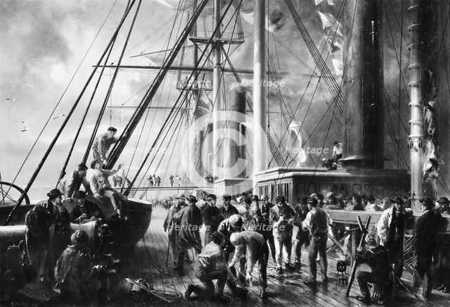 Making the Splice between the Shore End and the Ocean Cable, ca. 1866. Creator: Robert Charles Dudley.