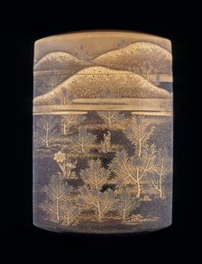 Makie lacquer inro decorated with stylised pine trees and hills, late Edo period, Japan, 1750-1850
