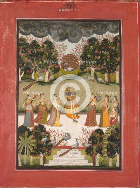 Malar Ragini: Krishna Playing the Flute to Seven Gopis Holding Musical Instruments..., c. 1760. Creator: Unknown.