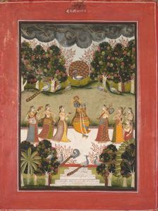 Malar Ragini: Krishna Playing the Flute to Seven Gopis Holding Musical Instruments..., c. 1760. Creator: Unknown