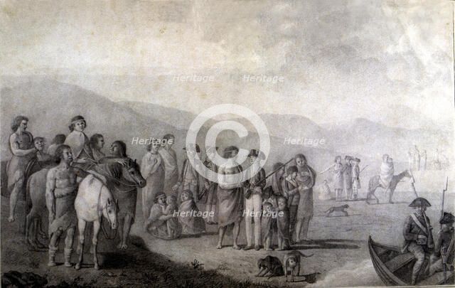 Malaspina Expedition, meeting with the Patagonians in Puerto Deseado, pencil drawing.