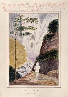 Malaya: a man at the foot of a huge waterfall on Penang Island, 1879. Creator: John Edmund Taylor