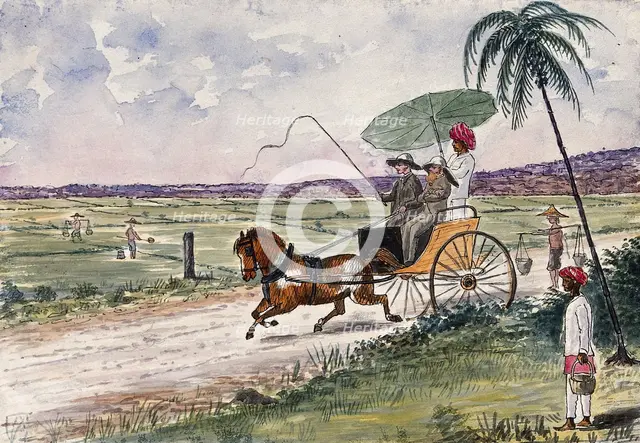 Malaya: a pony and trap being driven down a country road, 1879. Creator: John Edmund Taylor.