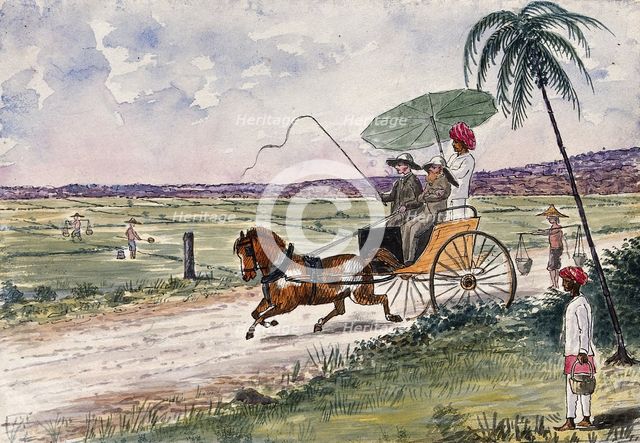 Malaya: a pony and trap being driven down a country road, 1879. Creator: John Edmund Taylor.