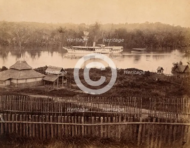 Malaya: steam yacht of the governor of the Straits Settlement on a Malaysian river, 1880. Creator: John Edmund Taylor.