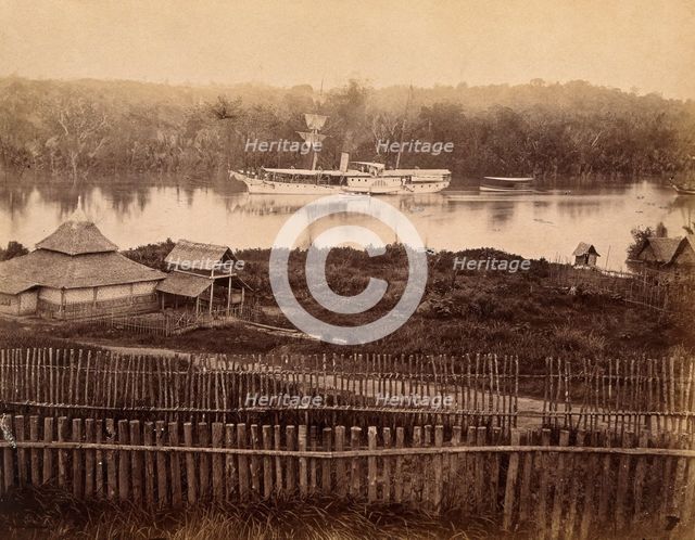 Malaya: steam yacht of the governor of the Straits Settlement on a Malaysian river, 1880. Creator: John Edmund Taylor.