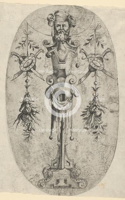 Male Terminal Figure; Head with Beard and Turban on a Three- Quarter Strapwork Pede..., ca. 1543-45. Creator: Jean Mignon.